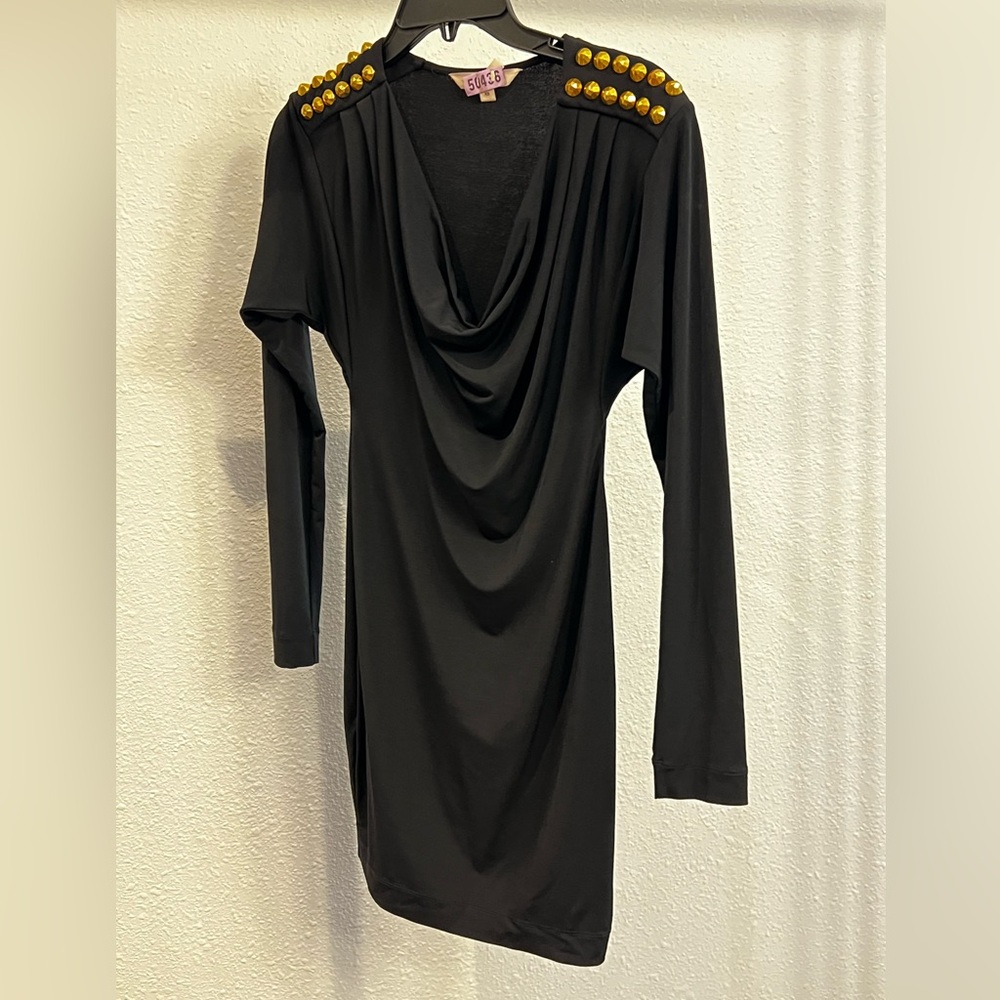BCBG Black Long Sleeve Dress with Gold Button Detail